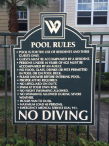 Pool Rules No Diving green and white panel