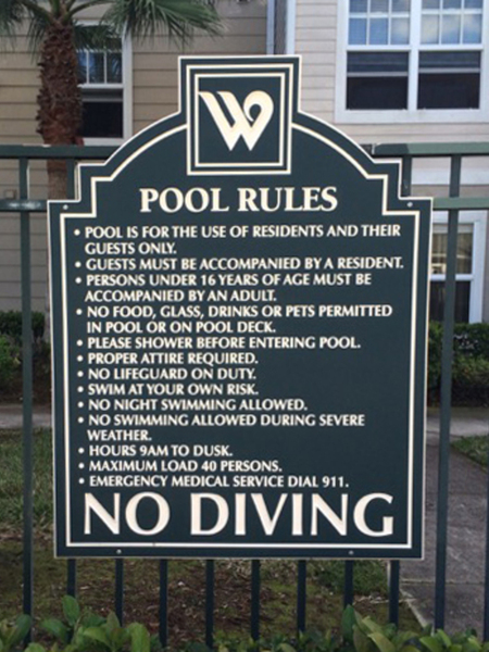 Apartment pool rules green white — Intrepid Signs, Rosenberg TX