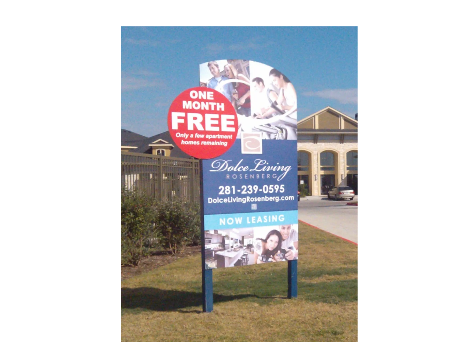 Dolce Living Now Leasing sign outside an apartment community