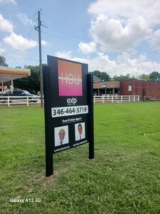 Black two sided realtor post sign with brochure box — Intrepid Signs, Rosenberg TX