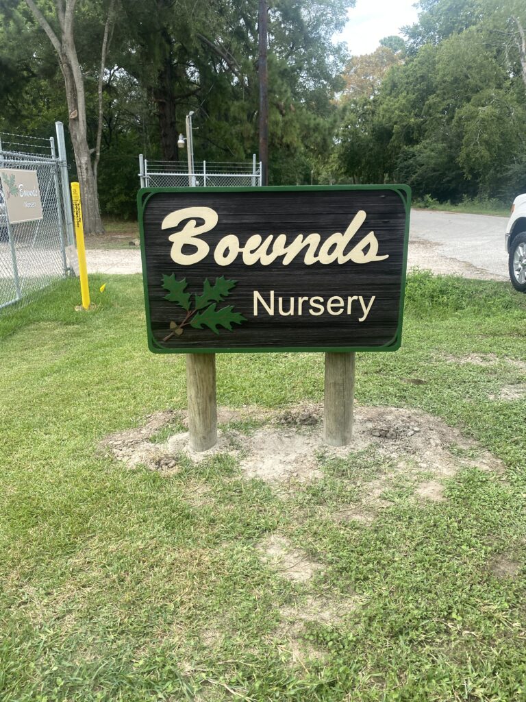 Bounds Nursery carved and painted post sign — Intrepid Signs, Rosenberg TX