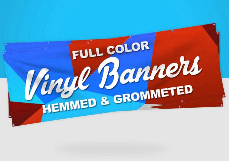 Full colour printed vinyl banner hemmed and grommeted at the Rosenberg TX shop