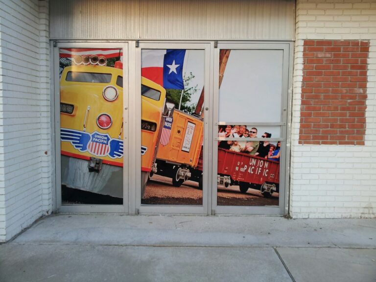 Printed window graphics across storefront glass doors